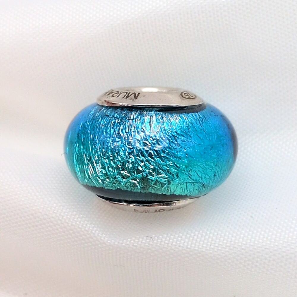 Sterling Silver 925 Murano Italy Blue Foil Glass Slide Bead Charm for Bracelet